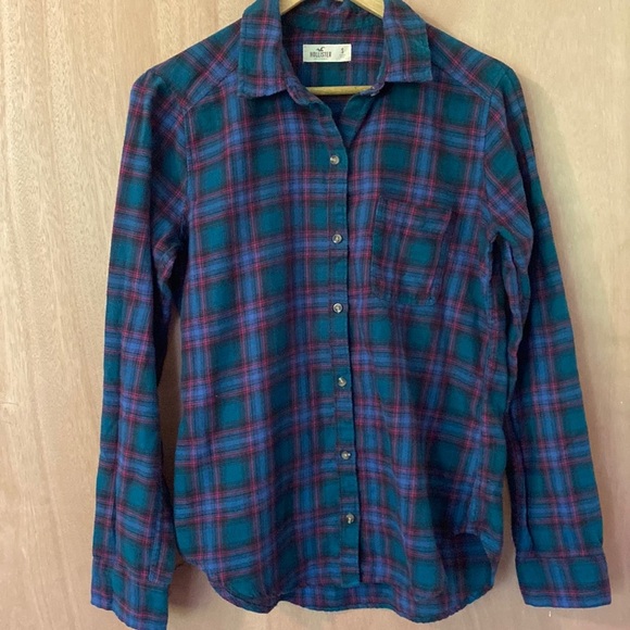 Hollister blue plaid long sleeve button down shirt size small, green, red plaid - Picture 1 of 5